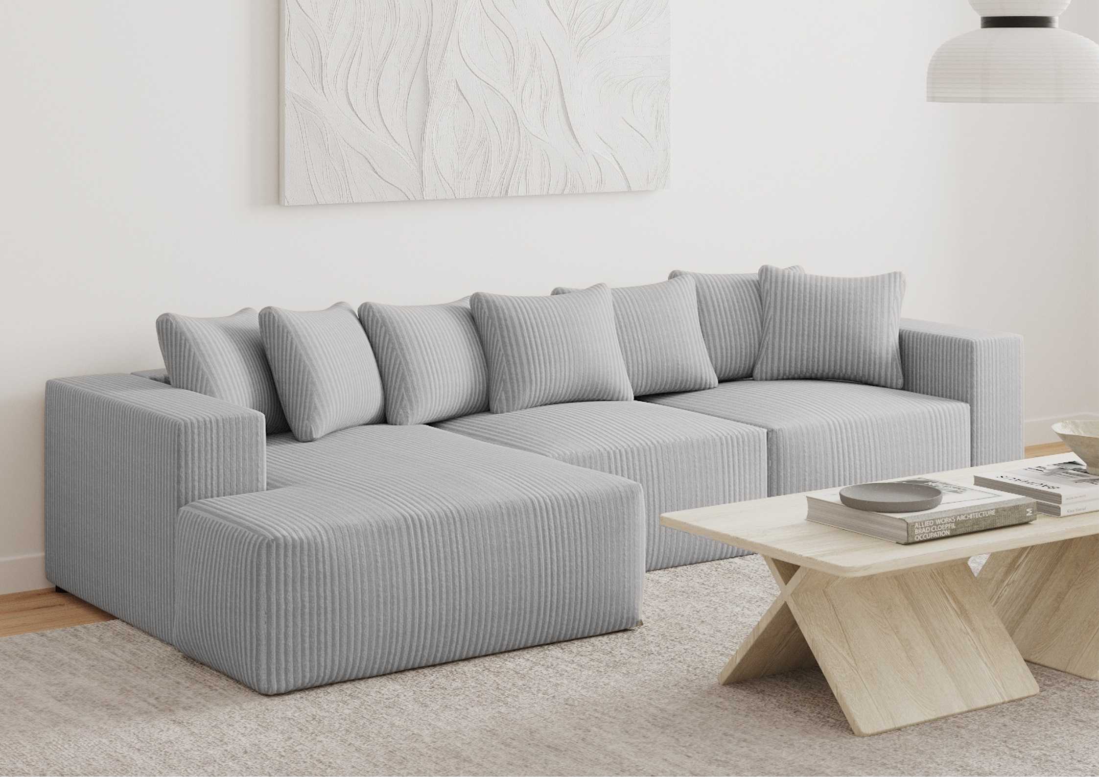 Lewy narożnik w sztruksie z funkcją spania Duży narożnik w stylu loft Kolor szary